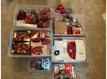 Lot Of Red Christmas Decorations Ornaments Towels Flowers Etc