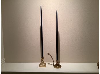 Pair Of Brass Candlestick Holders With Tall Candles