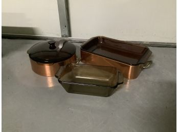 Lot Of 3 Copper And Glass Serving Baking Dishes