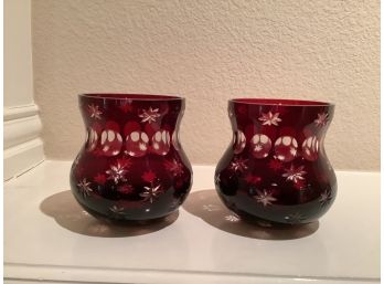 Pair Of Red Cut To Clear Candle Votives 4d X 4.5t