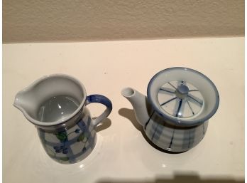 Blue And White Creamer And Sugar Creamer Measures 4 Inches Tall