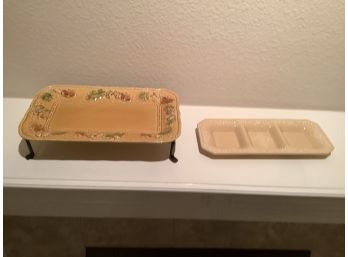 2 Pottery Serving Dishes One With Metal Stand