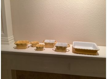 A Lot Of Six Yellow And White Pottery Baking Dishes.