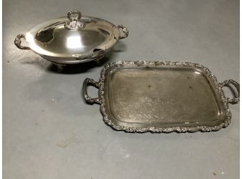 Silver Plate Covered Oval Bowl And Silver Plate Long Tray Measures 13 X 24 Bowl Measure 1