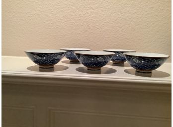 5 Ceramic Blue White Rice Bowls. 4.5 X 2.