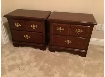 Pair Of Thomasville Nightstands With Two Drawers And Brass Wing Back Handles