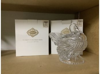 2 Turkey Covered Glass Dishes One Still In Box.