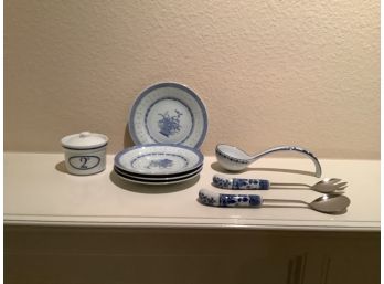 Lot Of Blue And White Plates , Ladle , Serving Spoon And Fork , And Covered Pot