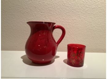 Red Pottery Pitcher Made In Italy And Red Glass Votive