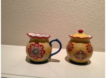 Dutch Wax Yellow Red And White Pottery Creamer And Sugar