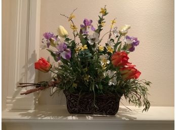 Faux Floral Arrangement In Metal/tin Planter  26 X  15 X 29