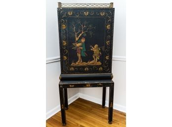 19THC English Chinoiserie Hand Painted Cabinet With Raised Figures & Brass Gallery Top On Stand
