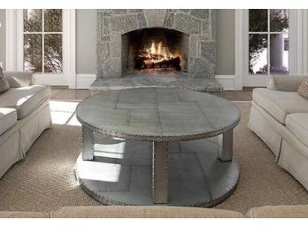 47 Inch Round Metallic Foil Wrap Coffee Table With Geometric Nail Head Pattern
