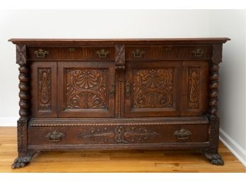 19th Century Carved Solid Oak Paw Foot Buffet Sideboard