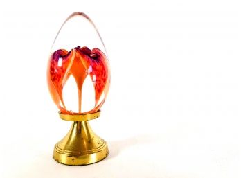 Glass Egg Globe With Red Tone Hibiscus Flower On Gold Toned Stand
