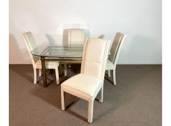 Dining Room Set - Brass Base With Glass Top & 4 White Upholstered Chairs