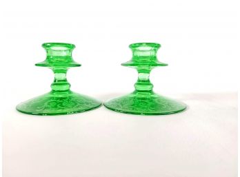 Pari Of Green Glass Candle Stick Holders