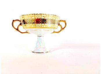 Small Iridescent And Gold Toned Pedestal Bowl