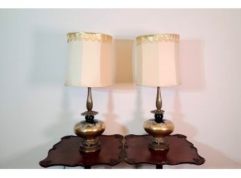 Pair Reverse Painted Glass & Brass Base Lamps