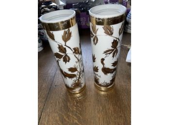 Pair Of White & Gold Vases  Floral With Birds