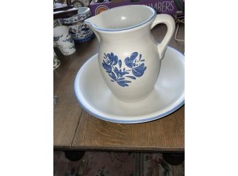 Pfaltzgraff Blue Flower Pottery Pitcher Wash Bowl Set
