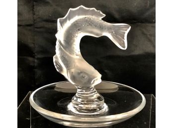 Lalique Frosted Crystal Leaping Coi Fish Art Glass Ring Dish Tray   3.5'D