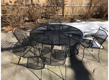 Wrought Iron Patio Table & 4 Chairs Plus Metal Umbrella Stand  - 54' Round