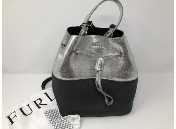 Furla New Leather Silver And Black Shoulder Drawstring Bucket Bag - NWT