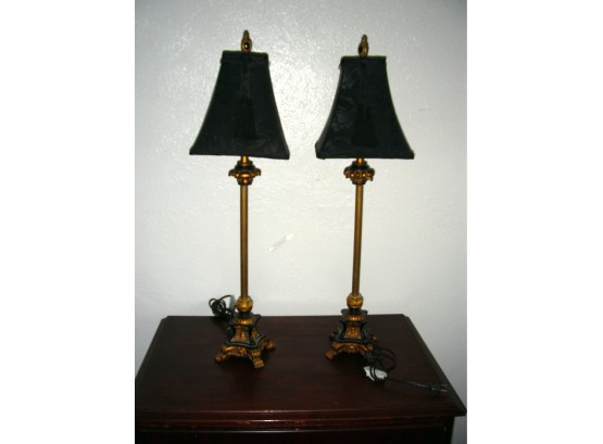 Pair Of Table Lamps With Black Shades And Tassels