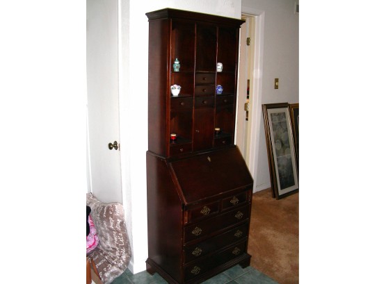 Small Secretary Bookcase In 2 Sections With Drop Front Desk And Cubby Holes