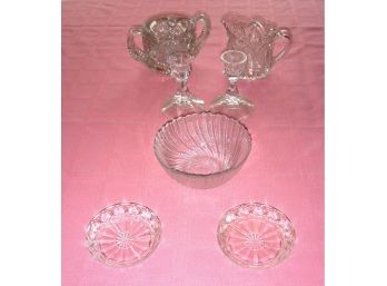 Lot: Glass - 7 Pc. Including Pair Of Candlesticks, Mismatched Sugar And Creamer, Bowl, 2 Coasters