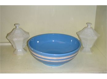 Pair Of Milk Glass Covered Candy Dishes With Grape Design And Blue Ceramic Bowl With White Stripes