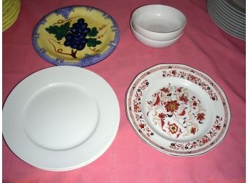 5 Plates And 2 Bowls: (3) White Bonvida, (1) Wedgwood, (2) Mainstays
