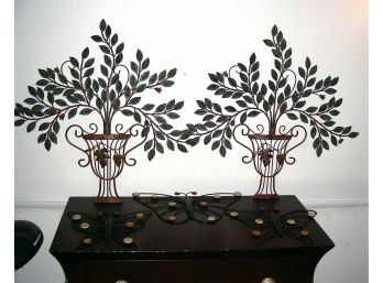 5 Pc Metal Wall Art: Pair Of Flowers In Urns And 3 Butterflies