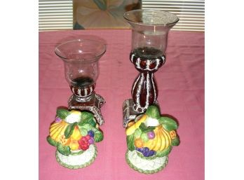 Set Of Glass Candle Holders On Stands And Pair Of Fitz And Floyd Candle Holders
