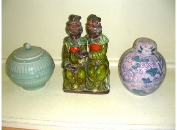 Lot Of 3 Asian-themed Pieces: 2 Covered Jars And Figurine