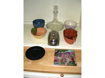 Assorted Items In The Kitchen: 8 Pcs - Tile, Bowls, Decanter, Covered Butter
