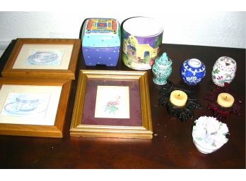 Decorative Items: 3 Framed Prints, 2 Glass Leaf Candle Holders, 2 Containers, 3 Asian Miniatures