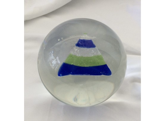Art Glass Round With Floating Blue & Green Glass Triangle Signed Jan Stohanzl 1988 Czechoslovakia