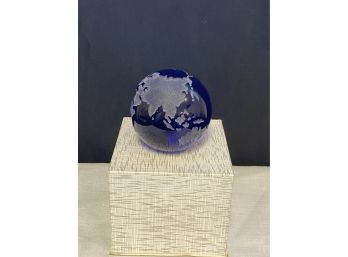 Art Glass Handmade Crystal Etched Cobalt Globe Czechoslovakia 1of2
