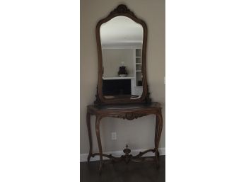 Demilune Marble Console Table Hand Carved Wood & Beveled Mirror