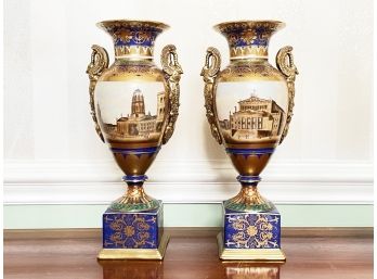 A Pair Of Late 19th Century Hand Painted French Porcelain Urns By Sevres