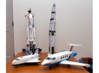 Toy Mission GEO Rocket & Launch Pad, Space Shuttle, Pacific Airline 5-395 Plane And Cardboard Model Of A Rocke
