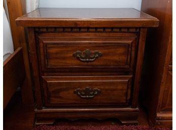 Vintage Wooden Bedside Table W Carved Detail And Brass Tone Drawer Pulls