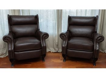 Dark Brown Leatherette Recliners Club Chairs With Nail Head Trim, A Pair