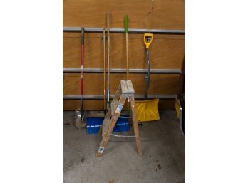 Collection Of Shovels, Broom, Garden Rake And Step Ladder