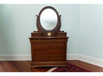 Vintage Three Drawer Dresser W Oval Top Mirror, Two Glove Boxes, Dovetail Joints And Shield Back Mock Key Pull