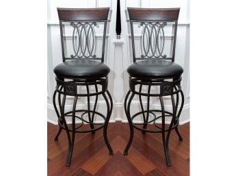Iron And Wood Stools W Metalwork Design - A Pair