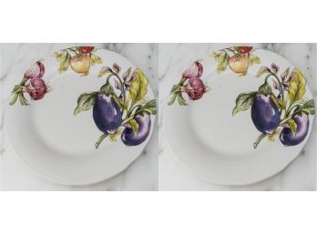 Tuscan Round Table Platters With Vegetable Motif, Made In Italy - A Pair