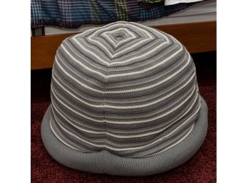 Hat Form Knitted Pouf W Grey And White Stripe Design